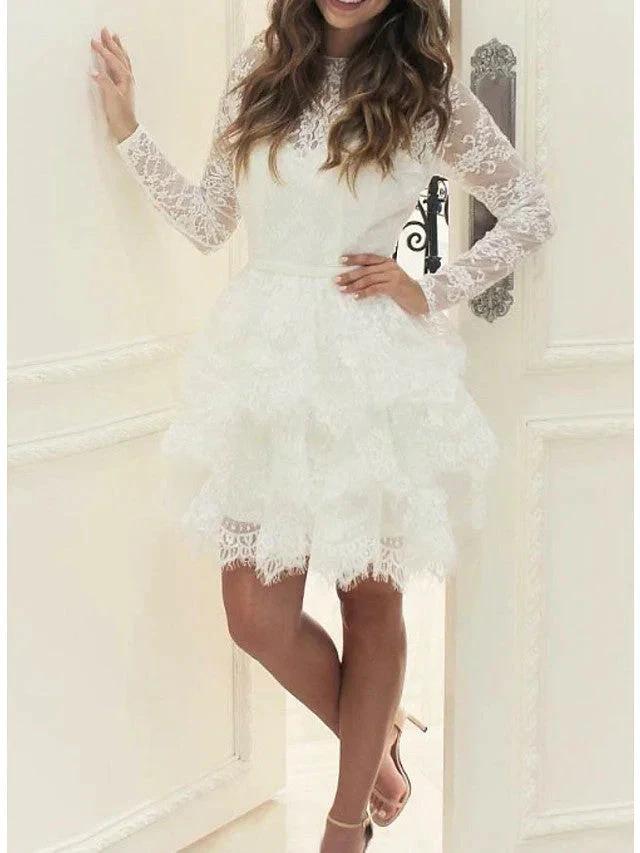 Short A-line Lace Tulle Jewel Neck Wedding Dresses with Sleeves by BIZTUNNEL