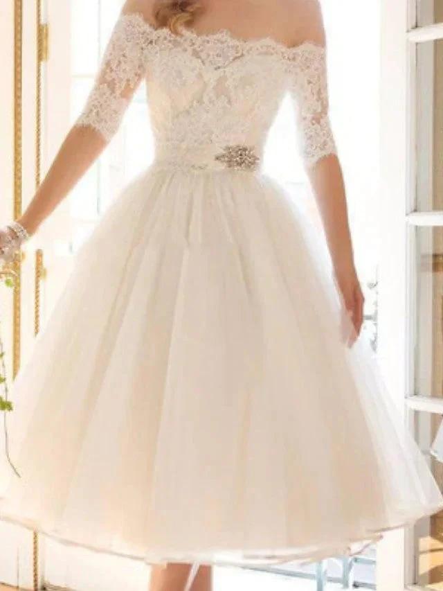 Short A-Line Off Shoulder Lace Tulle Wedding Dresses with Sleeves by BIZTUNNEL