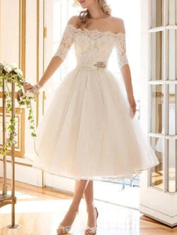 Short A-Line Off Shoulder Lace Tulle Wedding Dresses with Sleeves by BIZTUNNEL