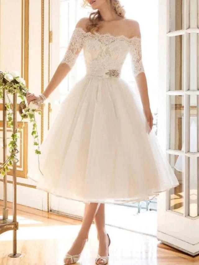 Short A-Line Off Shoulder Lace Tulle Wedding Dresses with Sleeves by BIZTUNNEL