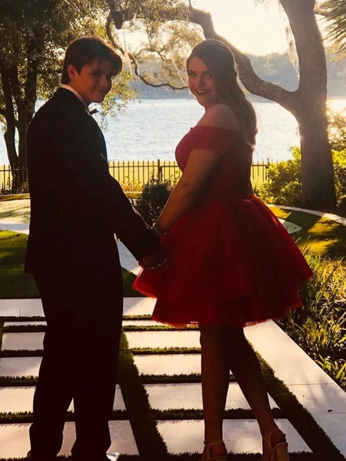 Short A-line Off the Shoulder Lace Tulle Red Prom Homecoming Dresses by BIZTUNNEL