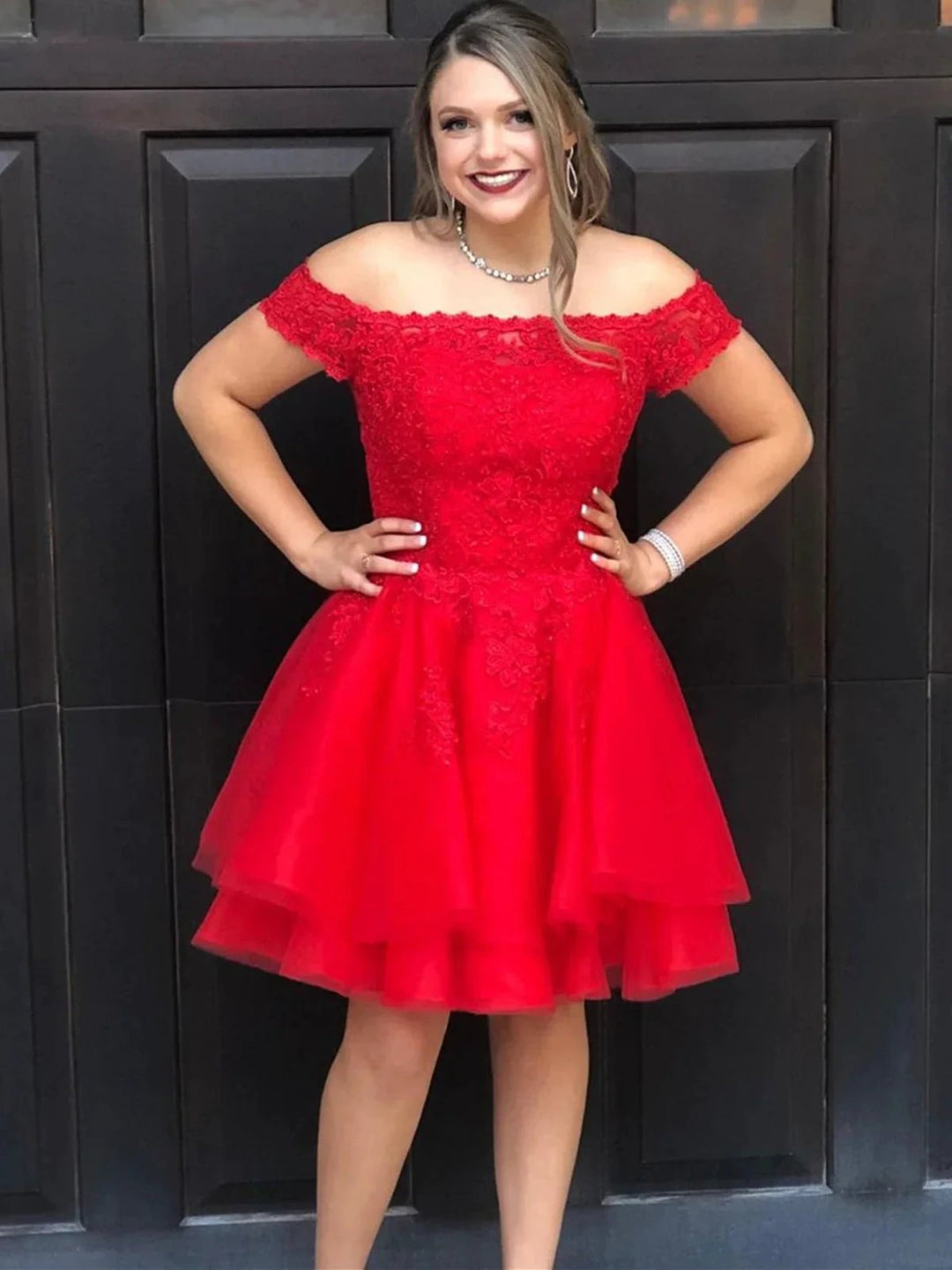 Short A-line Off the Shoulder Lace Tulle Red Prom Homecoming Dresses by BIZTUNNEL