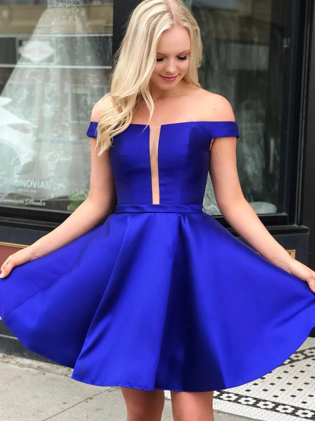 Short A-line Off the Shoulder Prom Dresses Royal Blue Formal Homecoming Graduation Gowns by BIZTUNNEL