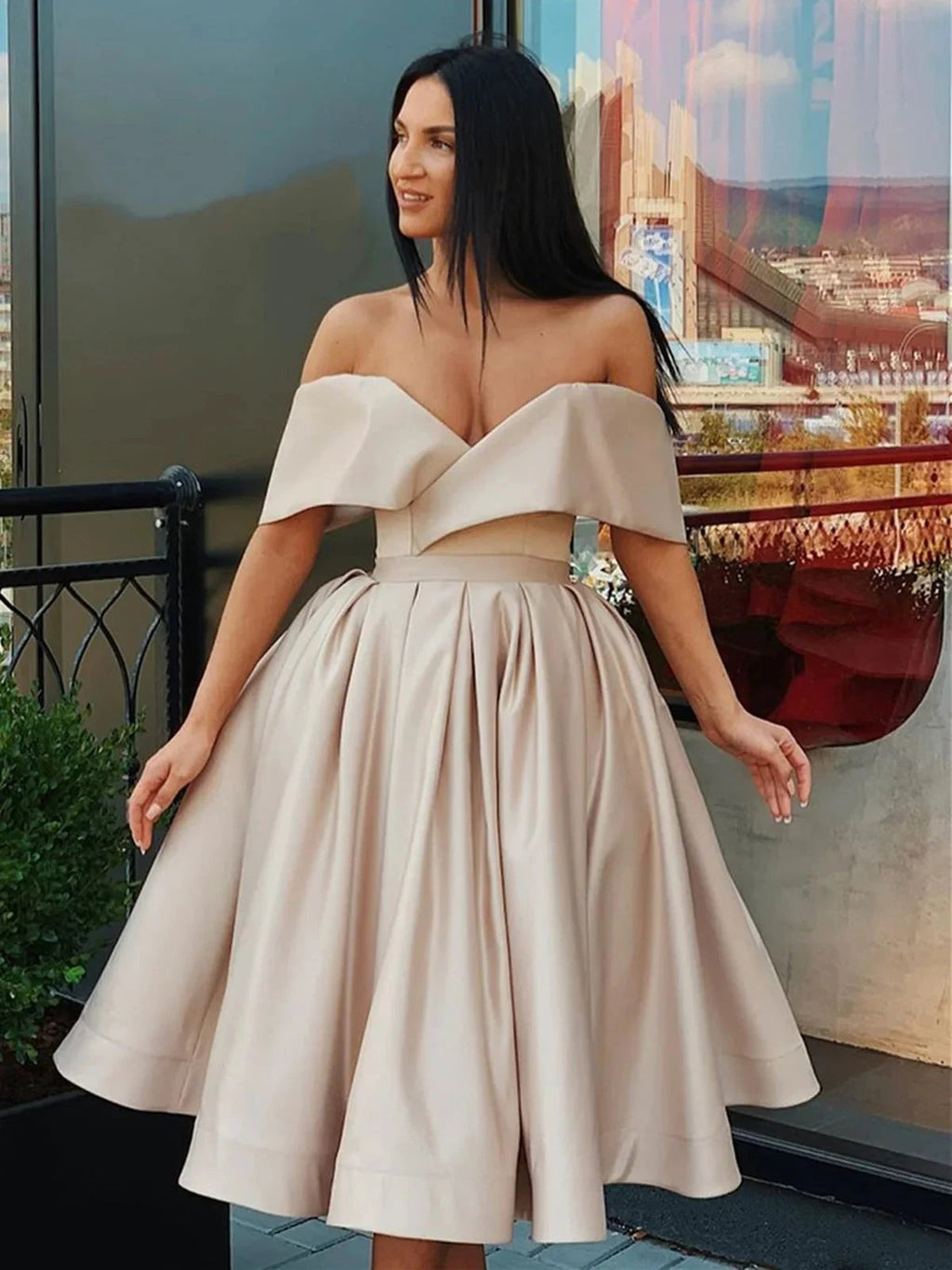 Short A-line Off the Shoulder Satin Prom Homecoming Graduation Dresses by BIZTUNNEL