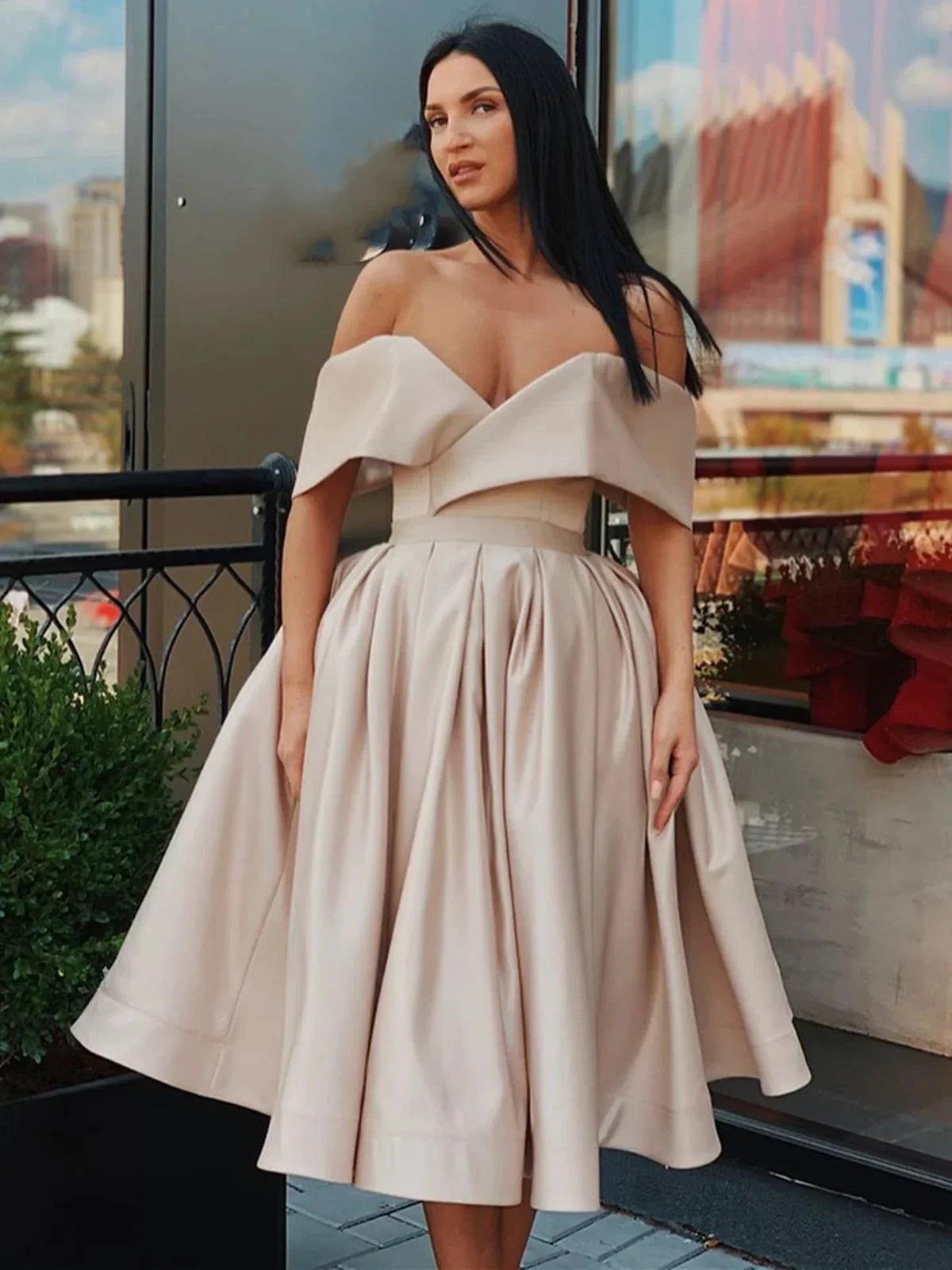 Short A-line Off the Shoulder Satin Prom Homecoming Graduation Dresses by BIZTUNNEL