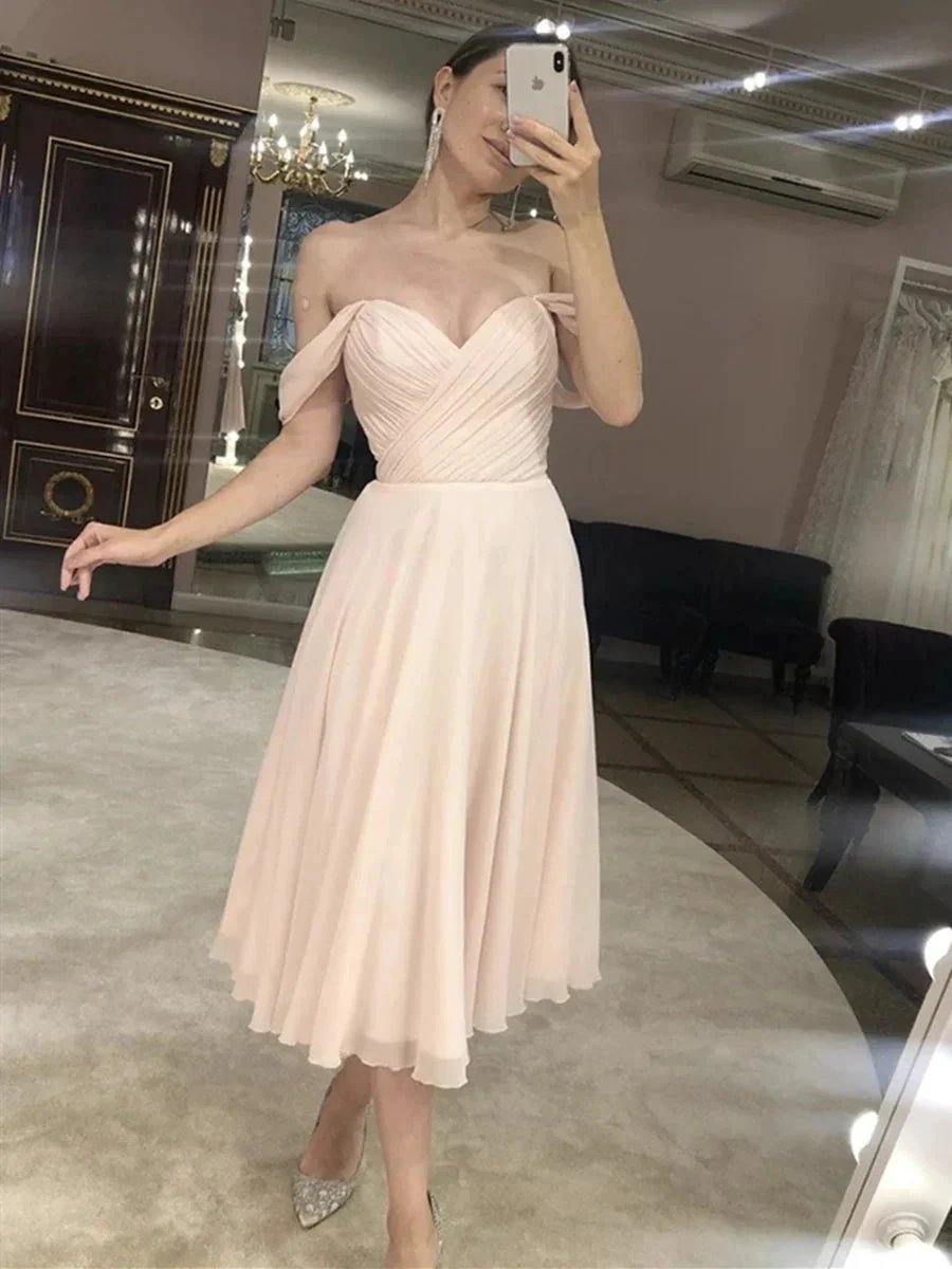 Short A-line Off the Shoulder Tea Length Prom Graduation Homecoming Dresses by BIZTUNNEL