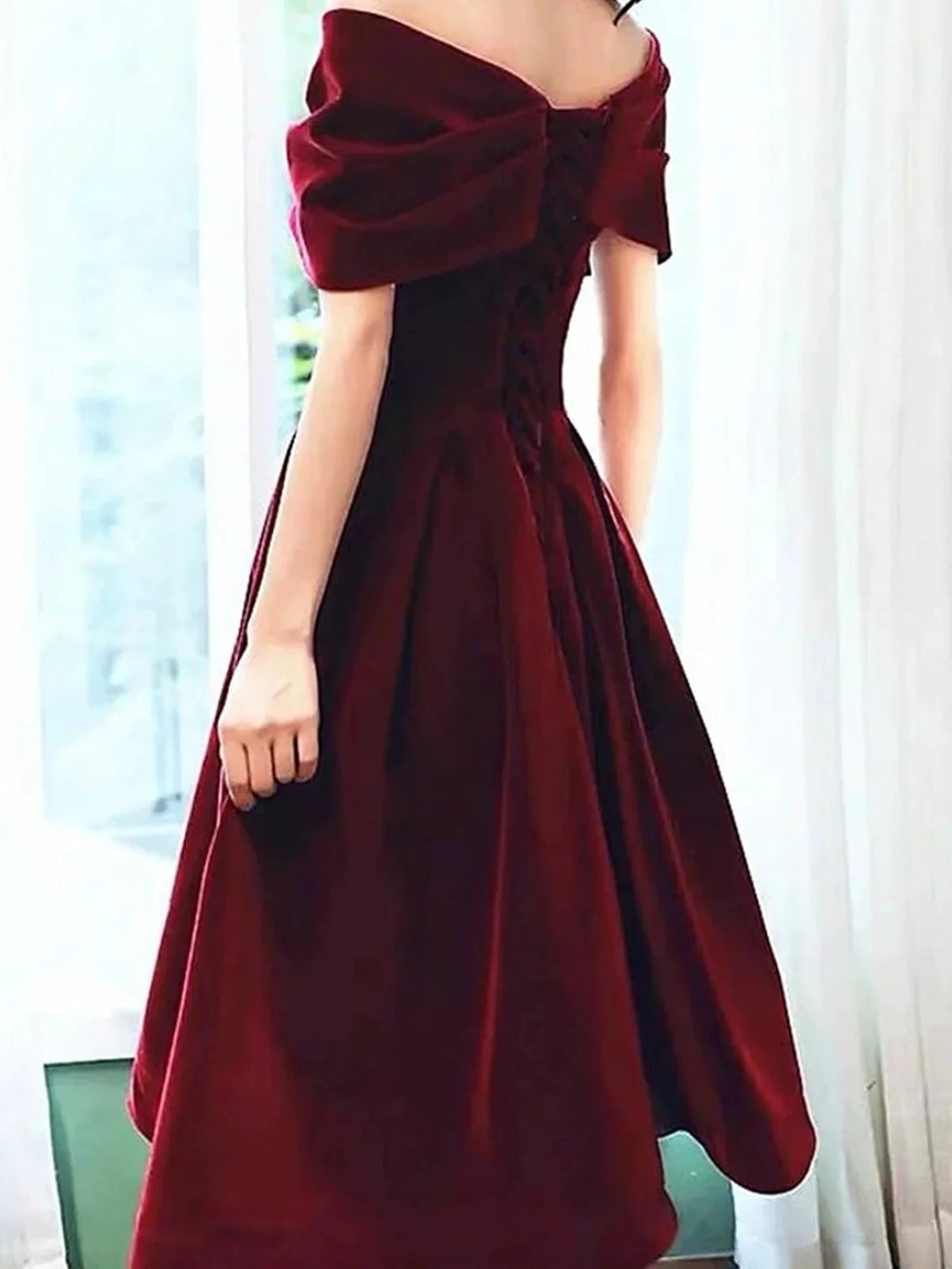 Short A-line Off the Shoulder Velvet Prom Dress Burgundy Formal Graduation Evening Dresses by BIZTUNNEL