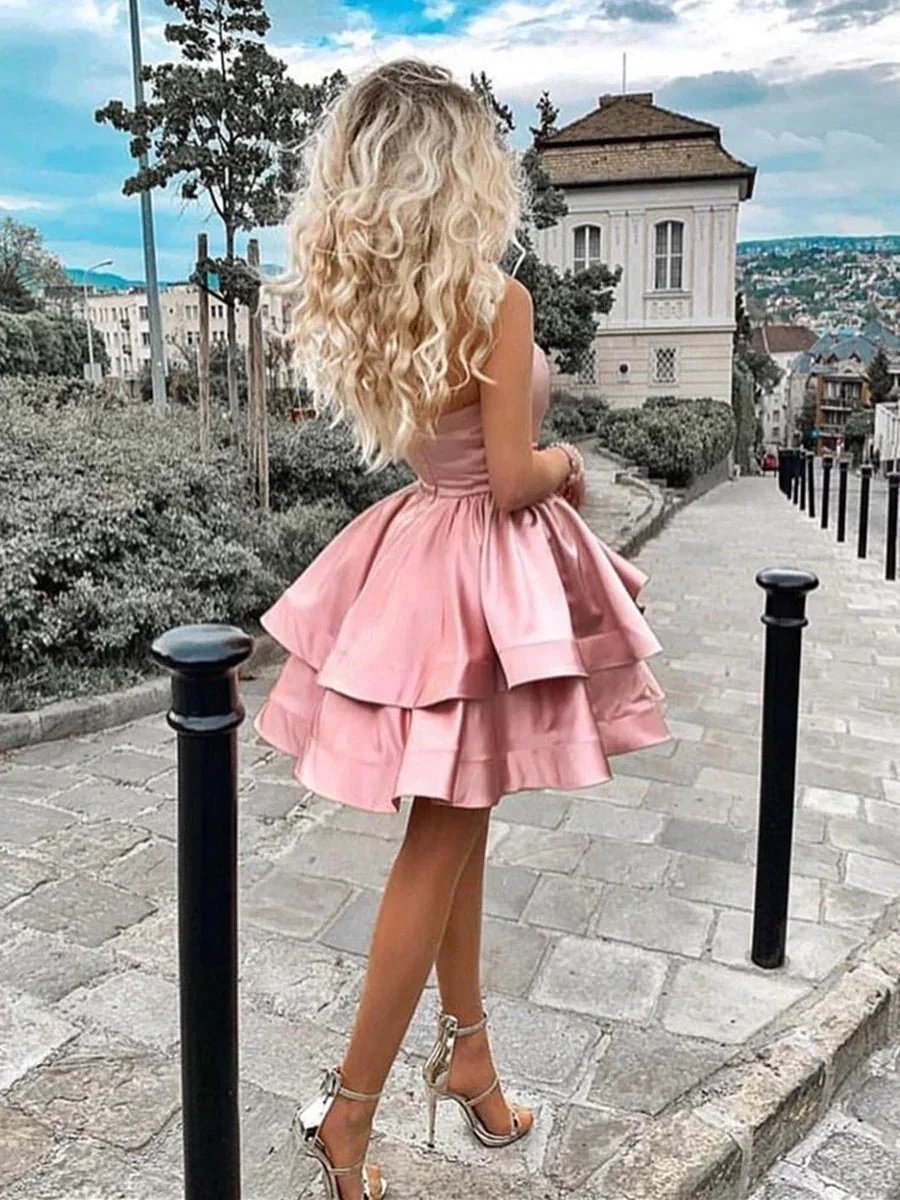 Short A-line One Shoulder Layered Satin Short Prom Homecoming Dresses by BIZTUNNEL