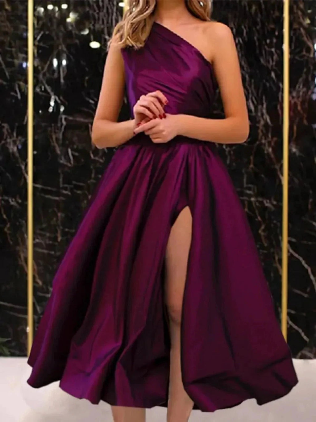 Short A-line One Shoulder Satin Formal Prom Homecoming Dresses with Slit by BIZTUNNEL