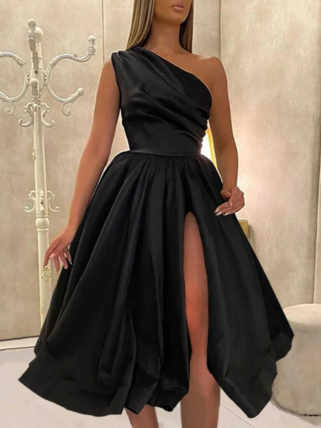 Short A-line One Shoulder Satin Formal Prom Homecoming Dresses with Slit by BIZTUNNEL
