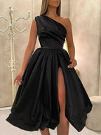 Short A-line One Shoulder Satin Formal Prom Homecoming Dresses with Slit by BIZTUNNEL