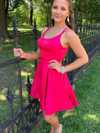 Short A-line Open Back Satin Prom Dresses Fuchsia Homecoming Dresses by BIZTUNNEL