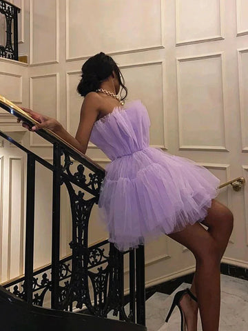 Short A-line Princess Strapless Tulle Prom Homecoming Dresses