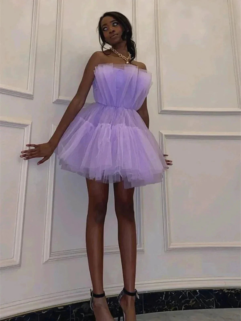 Short A-line Princess Strapless Tulle Prom Homecoming Dresses by BIZTUNNEL
