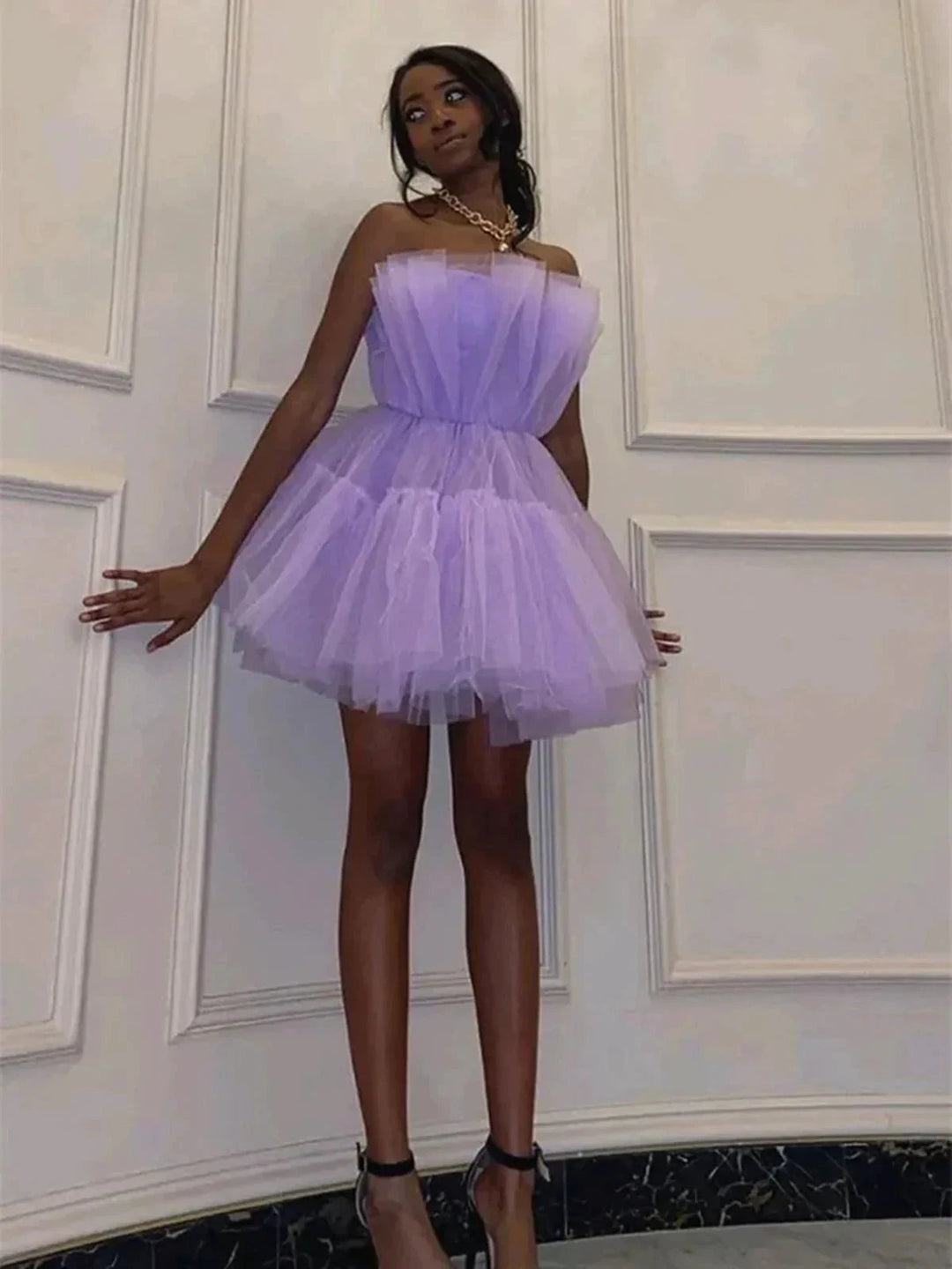 Short A-line Princess Strapless Tulle Prom Homecoming Dresses by BIZTUNNEL