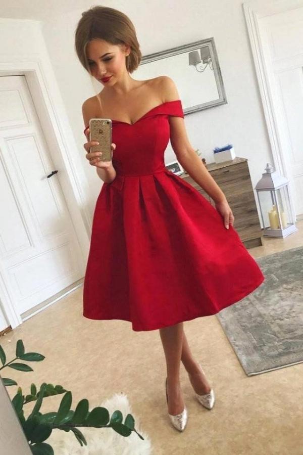 Short A-line Satin Off The Shoulder Red Prom Dress Hover Image