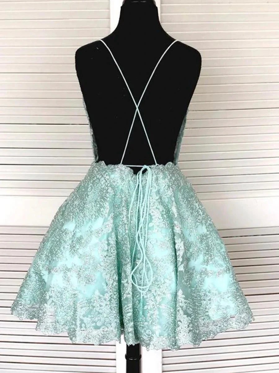 Short A-line Sleeveless Lace Open Back Formal Graduation Homecoming Dresses by BIZTUNNEL
