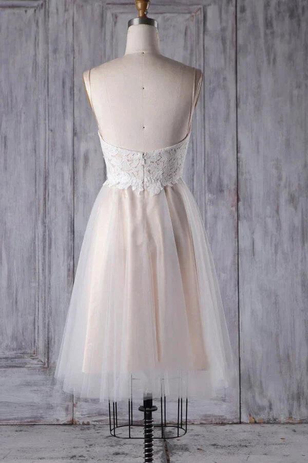 Short A-line Spaghetti Strap Lace Tulle Wedding Dress by BIZTUNNEL