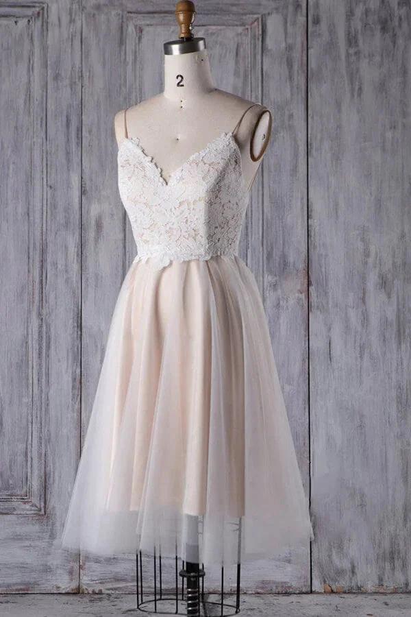 Short A-line Spaghetti Strap Lace Tulle Wedding Dress by BIZTUNNEL