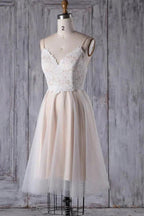 Short A-line Spaghetti Strap Lace Tulle Wedding Dress by BIZTUNNEL