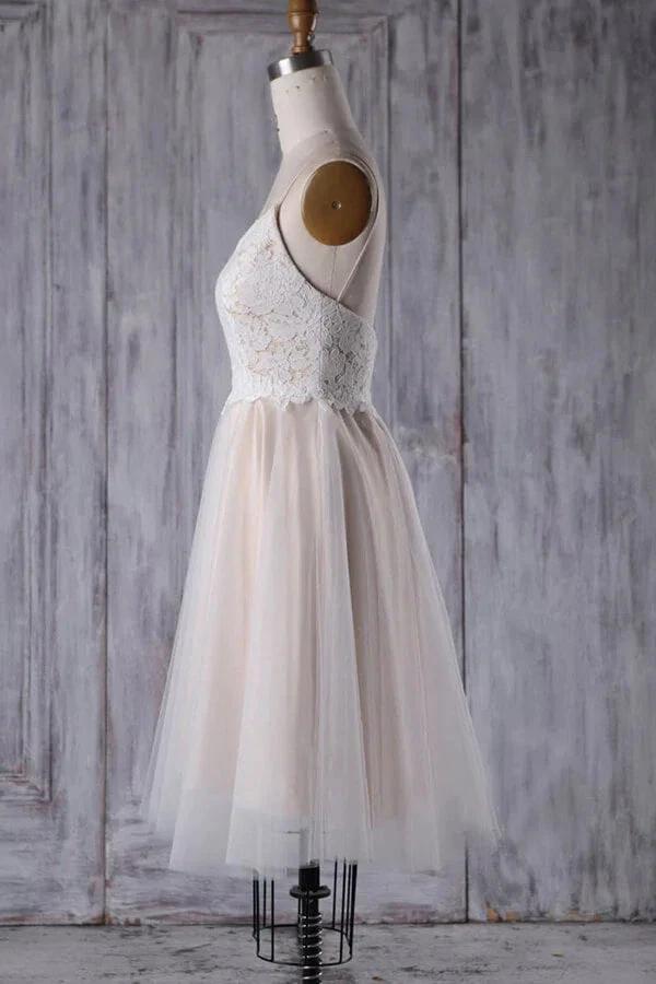 Short A-line Spaghetti Strap Lace Tulle Wedding Dress by BIZTUNNEL