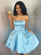 Short A-line Strapless Beading Satin Homecoming Dress with Pockets by BIZTUNNEL