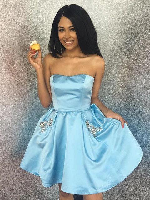 Short A-line Strapless Beading Satin Homecoming Dress with Pockets by BIZTUNNEL