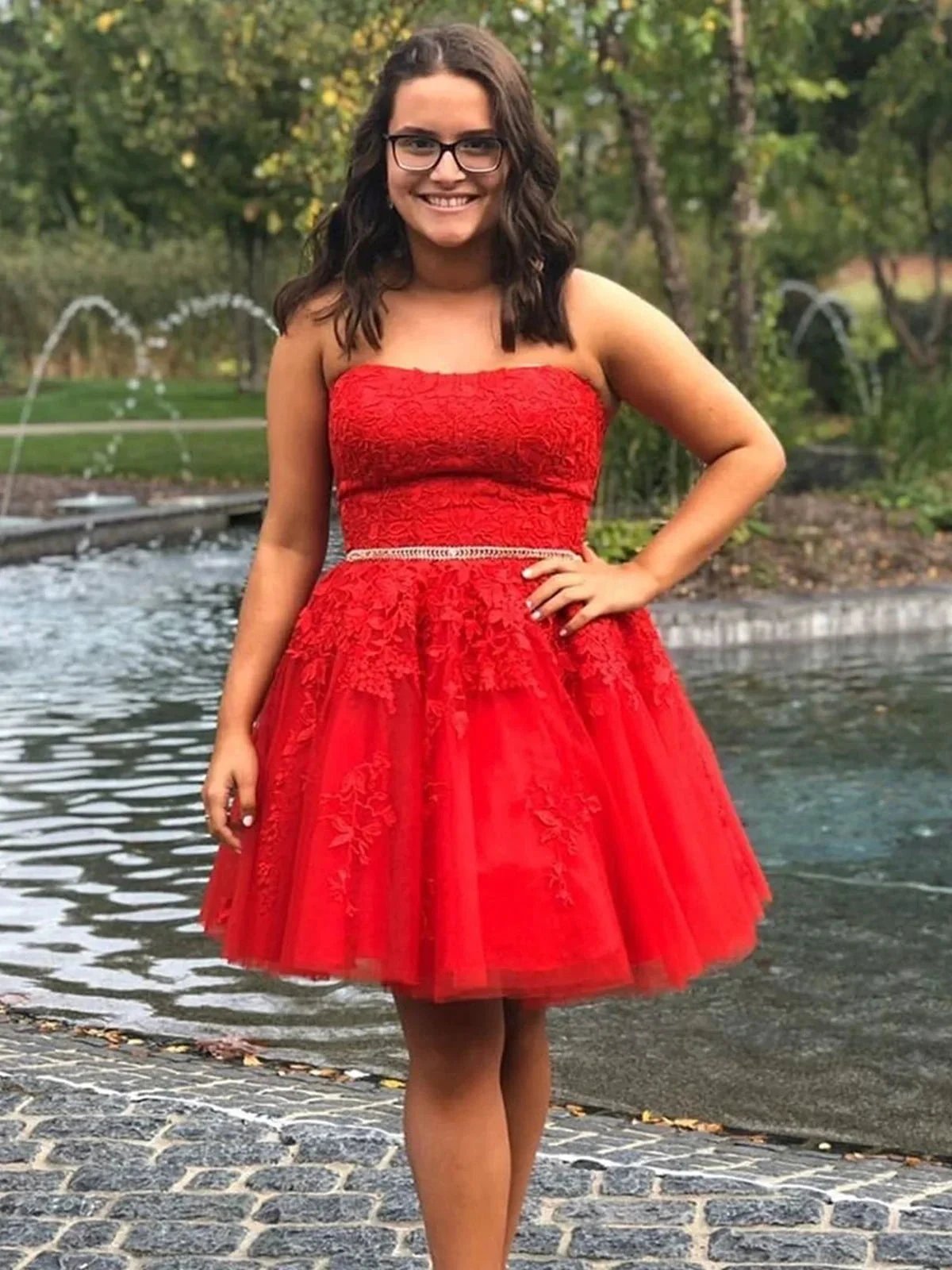 Short A-line Strapless Lace Tulle Prom Dress Red Homecoming Dress by BIZTUNNEL