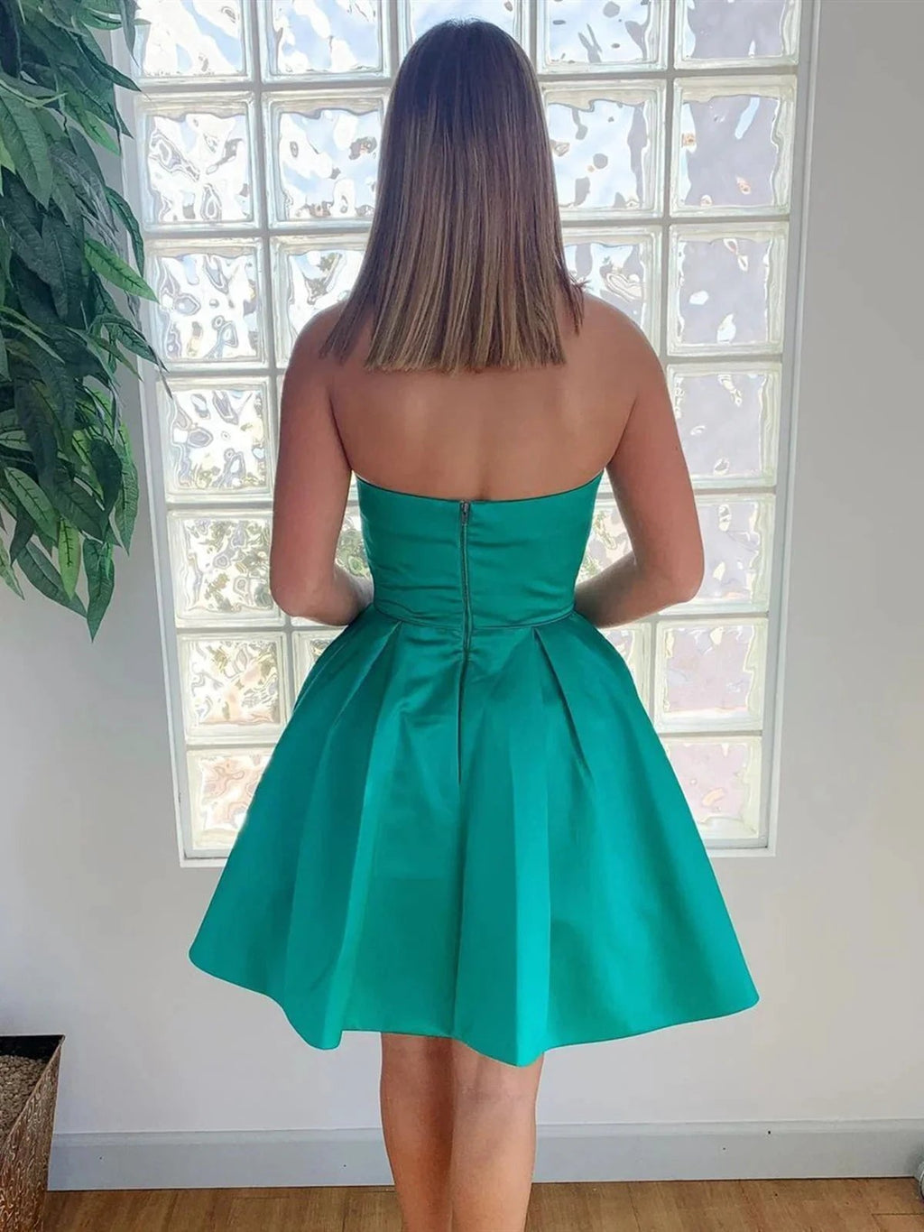Short A-line Strapless Satin Formal Prom Homecoming Dresses with Pockets by BIZTUNNEL