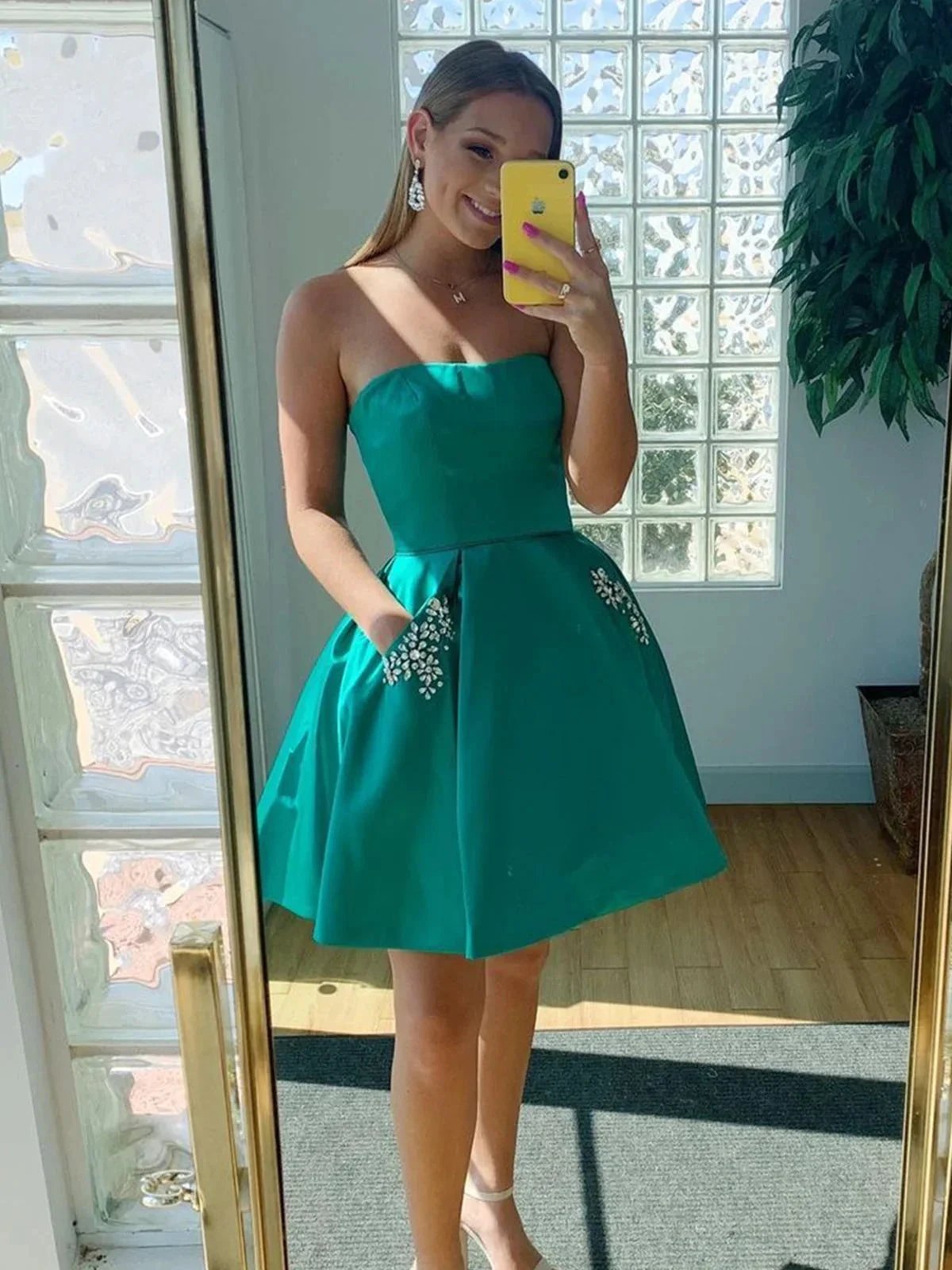 Short A-line Strapless Satin Formal Prom Homecoming Dresses with Pockets by BIZTUNNEL