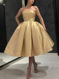 Short A-line Strapless Satin Prom Homecoming Dresses Tea Length Formal Gowns by BIZTUNNEL