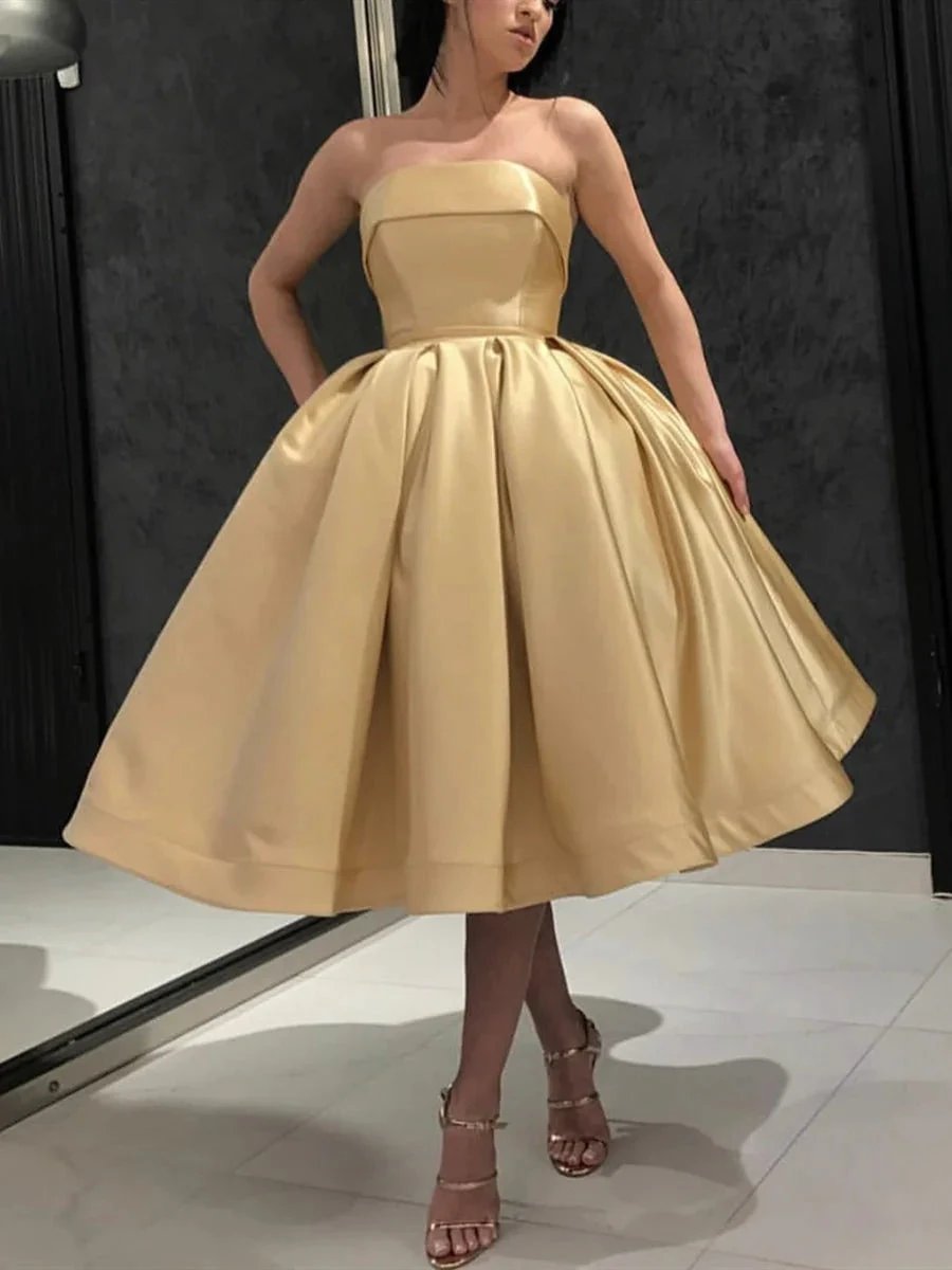 Short A-line Strapless Satin Prom Homecoming Dresses Tea Length Formal Gowns by BIZTUNNEL