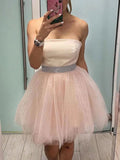 Short A-line Strapless Tulle Prom Homecoming Dresses with Belt by BIZTUNNEL