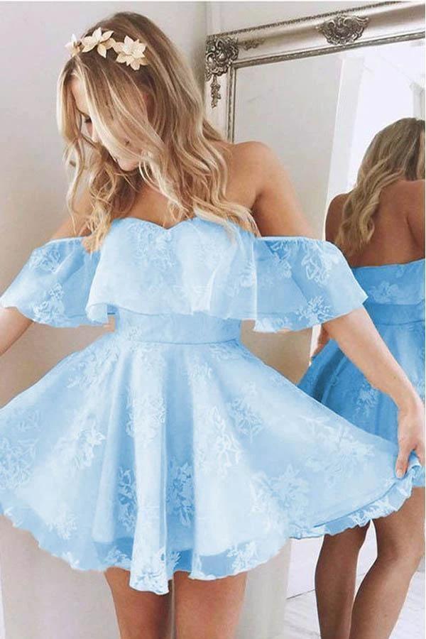 Short A Line Sweetheart Ruffles Shoulder Cute Lace Homecoming Dresses PG180 by pgmdress