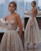 Short A-Line Sweetheart Sequins Ankle-length Backless Prom Dress by BIZTUNNEL