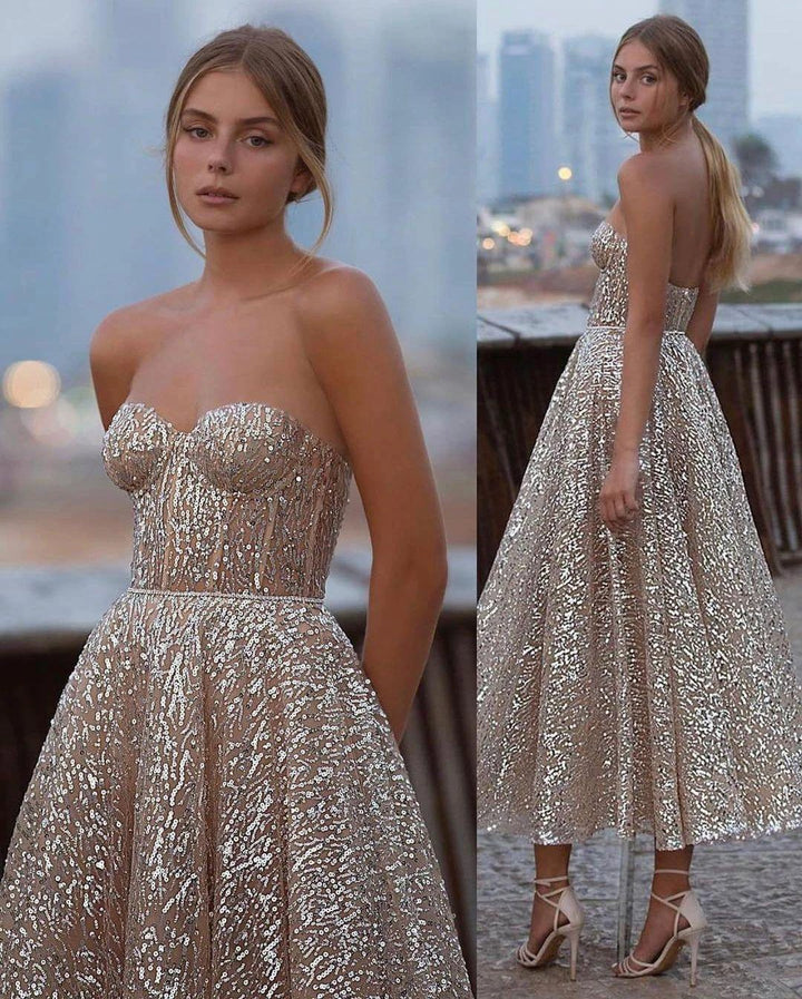 Short A-Line Sweetheart Sequins Ankle-length Backless Prom Dress by BIZTUNNEL