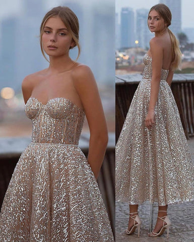 Vestido de fiesta corto de corte A con escote en forma de corazón, lentejuelas, largo hasta los tobillos, sin espalda