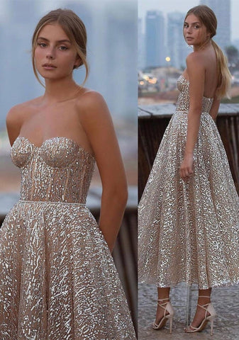 Vestido de fiesta corto de corte A con escote en forma de corazón, lentejuelas, largo hasta los tobillos, sin espalda