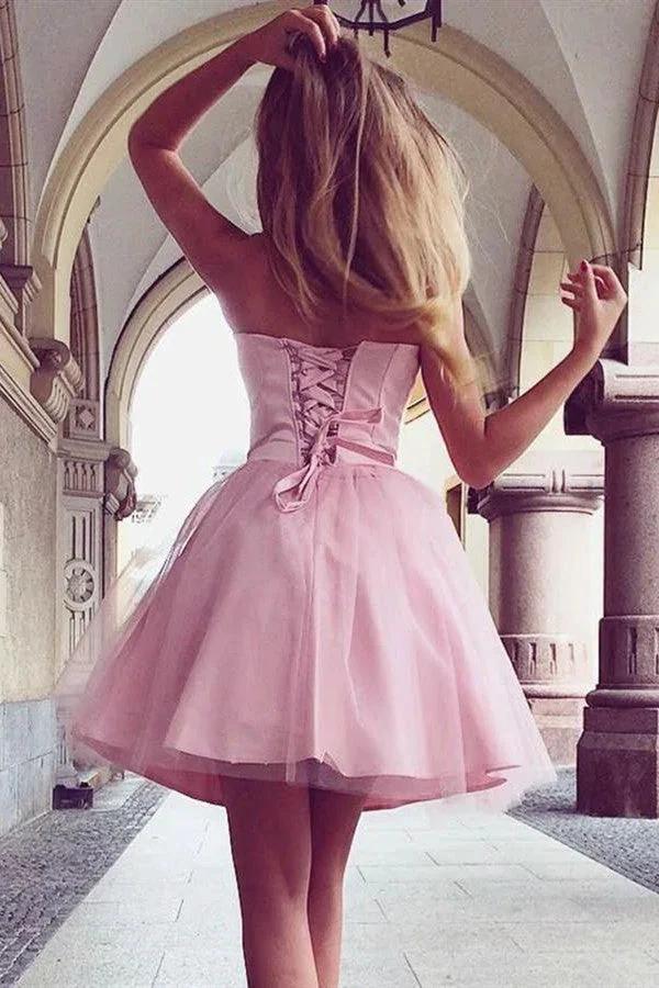 Short A-Line Sweetheart Strapless Pink Homecoming Dress by BIZTUNNEL
