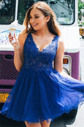 Short A-line V-Neck Appliques Lace Backless Homecoming Dress by BIZTUNNEL