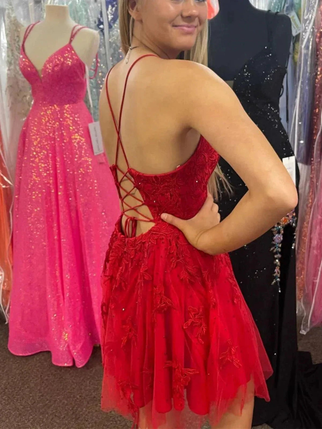 Short A-line V Neck Backless Lace Prom Dresses Red Formal Homecoming Dresses by BIZTUNNEL
