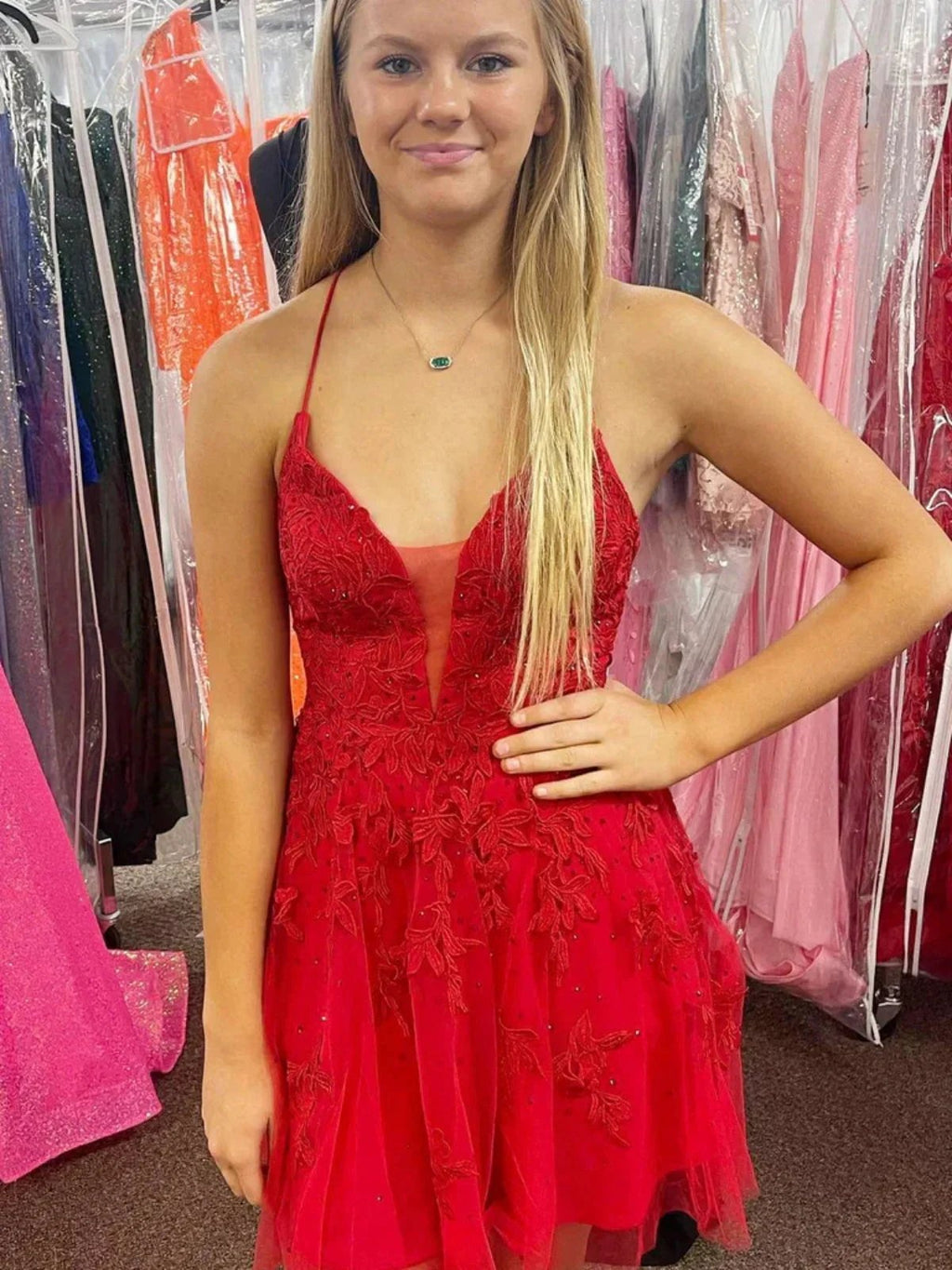 Short A-line V Neck Backless Lace Prom Dresses Red Formal Homecoming Dresses by BIZTUNNEL