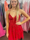 Short A-line V Neck Backless Lace Prom Dresses Red Formal Homecoming Dresses by BIZTUNNEL