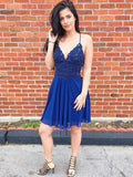 Short A-line V-neck Chiffon Lace Backless Beaded Prom Homecoming Dresses by BIZTUNNEL