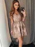 Short A-line V-neck Lace Appliques Prom Homecoming Dresses with Sleeves by BIZTUNNEL
