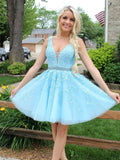 Short A-line V Neck Lace Appliques Tulle Backless Homecoming Prom Dresses by BIZTUNNEL