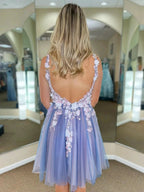 Short A-line V-neck Lace Floral Tulle Backless Formal Prom Homecoming Dresses by BIZTUNNEL