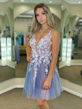 Short A-line V-neck Lace Floral Tulle Backless Formal Prom Homecoming Dresses by BIZTUNNEL