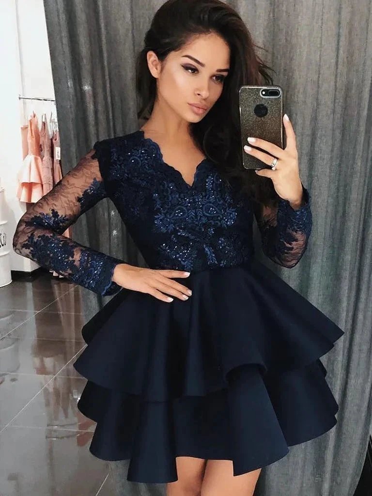 Short A-line V-neck Lace Prom Dresses with Sleeves by BIZTUNNEL