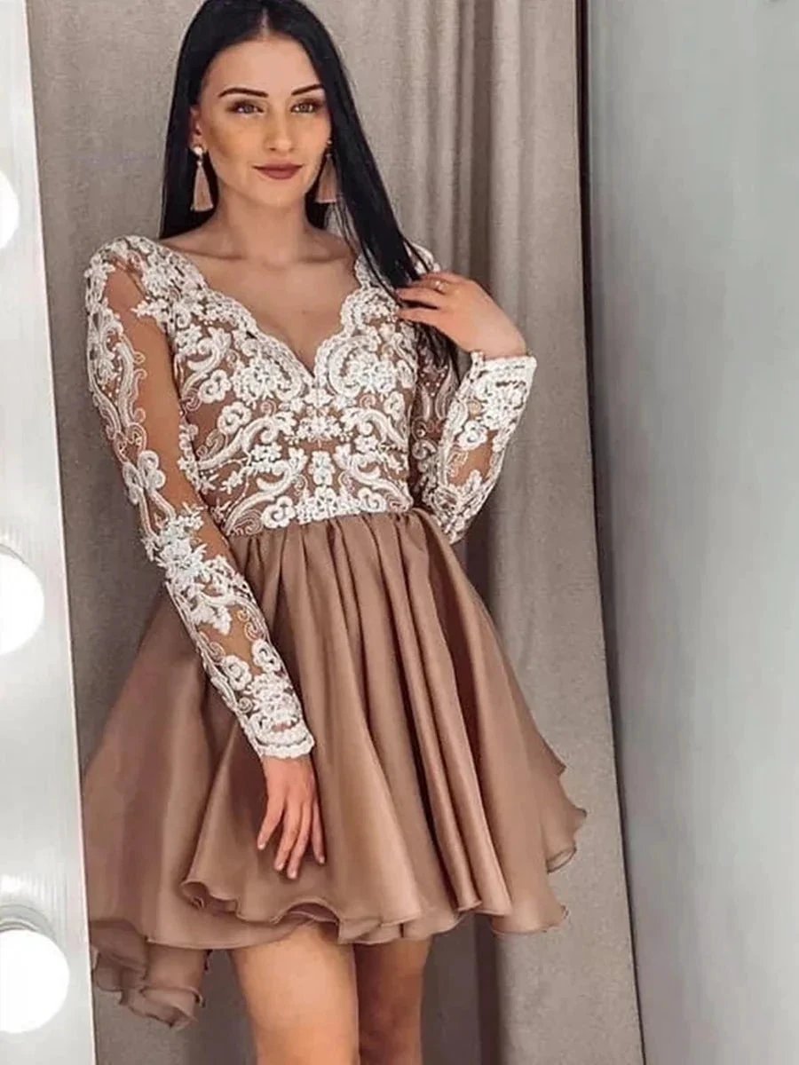 Short A-line V Neck Lace Prom Homecoming Dresses with Sleeves by BIZTUNNEL